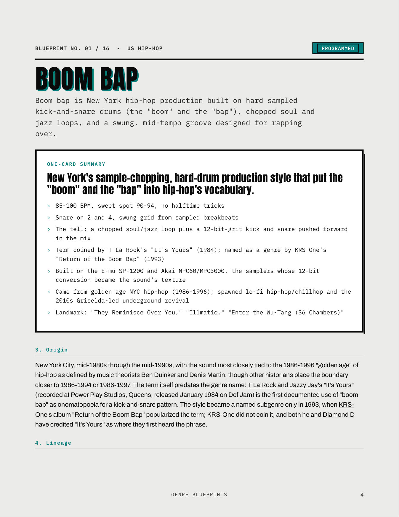 First page of the Boom Bap Blueprint from the Genre Blueprints field guide